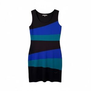 NY Collection Blue & Teal Geometric Colorblock Sheath Dress - Small